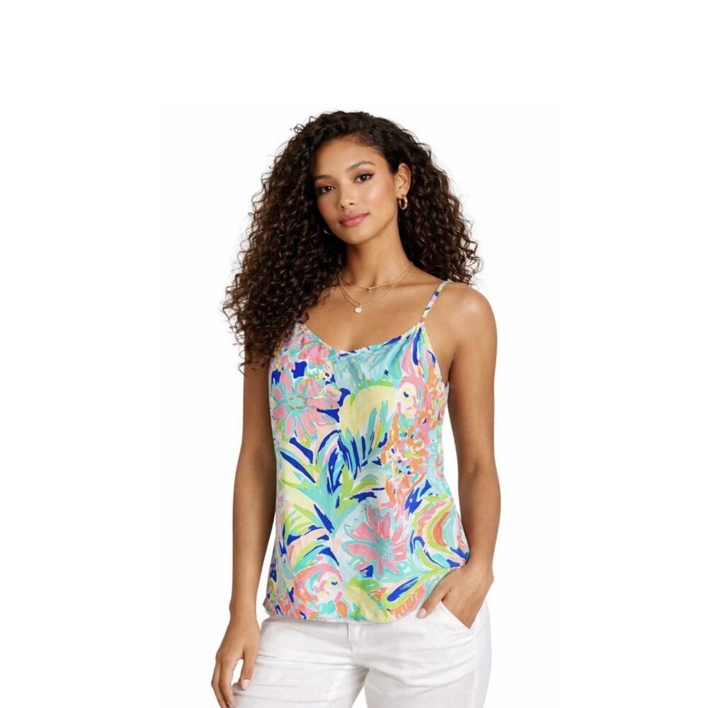 Lilly Pulitzer Small Silk Floral Print Spaghetti Strap Tank Top Cami Resort